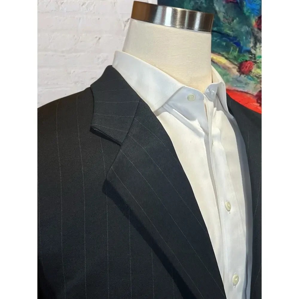 Kasper Mens 44L 35x29 Black Banker's Stripe Suit Virgin Wool 3/2 Roll